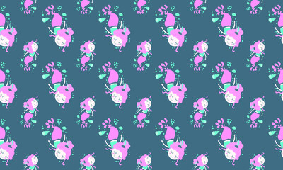 Seamless pattern of magical lovely little dreamy girls mermaids with pink hair floating peacefully in shells and bubbles on a dark background. Ideal for children's pajamas and bedroom decor. Vector.