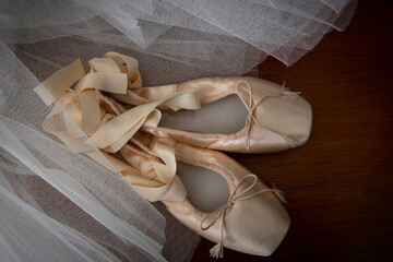 Ballet pointe shoes and tutu on a wooden surface
