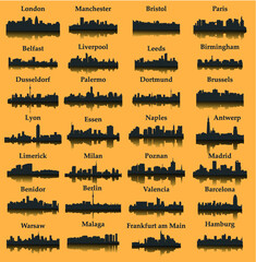 Set of 28 City silhouette in Europe ( London, Berlin, Madrid, Dortmund, Warsaw, Palermo, Liverpool, Brussels, Barcelona, Paris, ... )