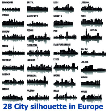 Set of 28 City silhouette in Europe ( London, Berlin, Madrid, Dortmund, Warsaw, Palermo, Liverpool, Brussels, Barcelona, Paris, ... )