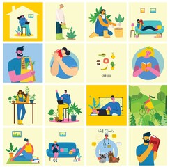 Take a break collage illustration. People have rest and drink coffee, use tablet on chair and sofa. Flat vector style.
