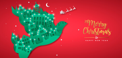 Naklejka premium Christmas New Year paper cut bird winter city