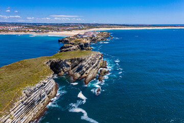Aerial view of island Baleal naer Peniche on the shore of the ocean in west coast of Portugal....