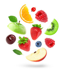 Mixed fruits on white background. Fruits falling