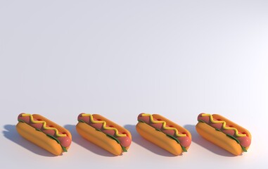 Background with 3d hot dogs on a white substrate in isometric, 3d render