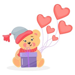 Cute isolated teddy bear with a gift, in warm hat, with balloons.
Vector illustration on white background.
