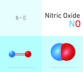 Nitric Oxide (NO) gas molecule. Two different molecule model and chemical formula. Ball, stick and Space filling model. Structural Chemical Formula and Molecule Model. Chemistry Education