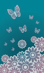 Abstract blue background with flowers and butterflies. Vector illustration.