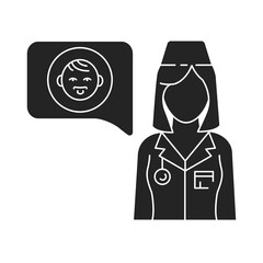 Consultation with doctor black glyph icon. Communication with the patient about health kid. Pictogram for web page, mobile app, promo.