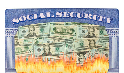 Fototapeta premium Concept of social security and retirement funding issues in USA with many US dollars on fire inside the framework of a social security card
