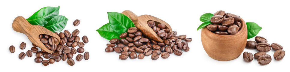 Heap of roasted coffee beans with leaves isolated on white background . Set or collection