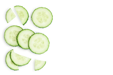 Sliced cucumber isolated on white background with clipping path and full depth of field, Top view with copy space for your text. Flat lay
