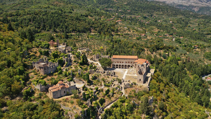 Aerial drone photo of medieval byzantine old city of Mystras featuring Monastery of Pantanassa,...