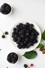 Flatley with a composition of a white plate with fresh blackberries, scattered blackberries and green leaves on a light background, top view