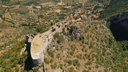 Aerial drone photo of medieval byzantine old city of Mystras featuring Monastery of Pantanassa,...