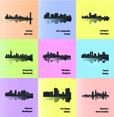 Fototapeta premium Set of 9 City ( Buffalo, Fort Lauderdale, Lexington, Jersey City, Baltimore, Peoria, Bellevue, Fort Wayne, Charlotte )