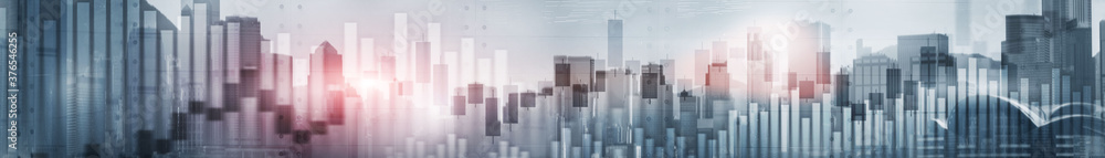 Canvas Prints candlestick chart with downtown hong kong cityscape skyscrapers. panoramic website banner.