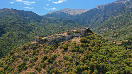 Aerial drone photo of medieval byzantine old city of Mystras featuring Monastery of Pantanassa,...