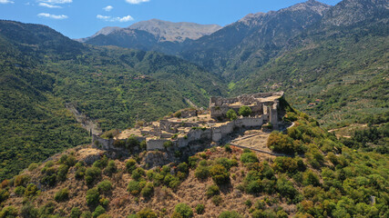 Aerial drone photo of iconic medieval byzantine uphill castle of Mystras with great scenic view to...