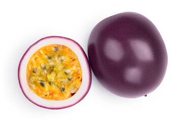 whole passion fruits and half isolated on white background. maracuya with clipping path. Top view....