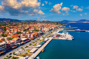 Fototapeta na wymiar Lixouri is the second largest city of Kefalonia, Greece. Aerial view of city and port of Lixouri, Cefalonia island, Ionian, Greece.