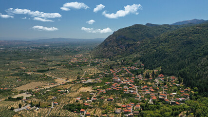 Fototapeta na wymiar Aerial drone photo of new city of Mystras as seen from uphill, Sparta, Peloponnese, Greece