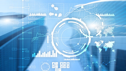 Financial dashboard with business intelligence BI. Blurred megapolis.