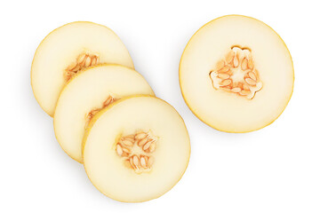 Melon half and slices isolated on white background with clipping path and full depth of field. Top view. Flat lay