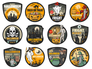 Halloween vector badges with pumpkins, horror ghosts and spooky bats, witch, skull and mummy, death skeleton, angry wizard and potion cauldron, haunted house, graveyard and moon. Trick or treat party