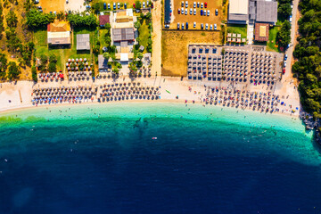 Beautiful crystal clear azure water at Antisamos beach on Kefalonia island, Greece. Beautiful sea bay with Antisamos beach on Kefalonia island, Ionian island, Cephalonia, Antisamos beach, Greece.