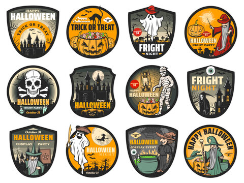 Halloween Vector Badges With Pumpkins, Horror Ghosts And Spooky Bats, Witch, Skull And Mummy, Death Skeleton, Angry Wizard And Potion Cauldron, Haunted House, Graveyard And Moon. Trick Or Treat Party