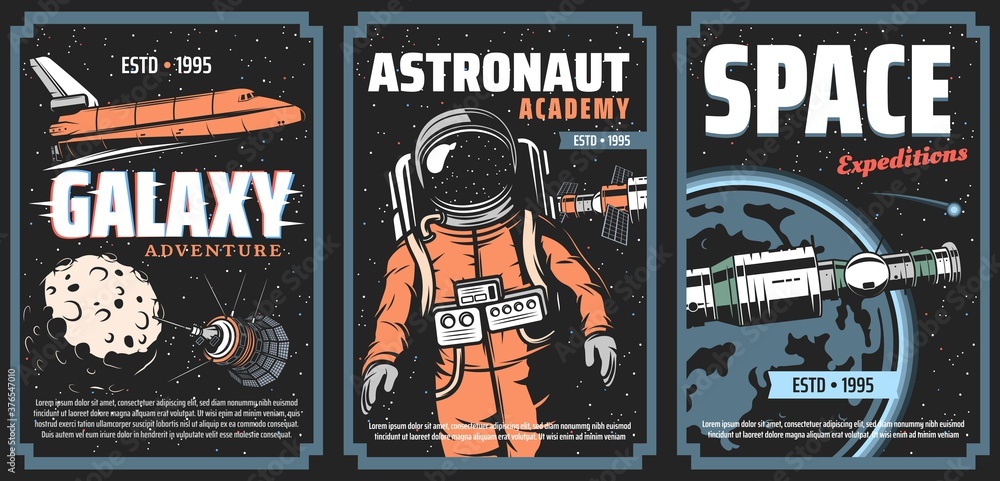 Aufkleber galaxy adventure, astronaut academy and space expedition vector posters. shuttle orbiter and spacesh