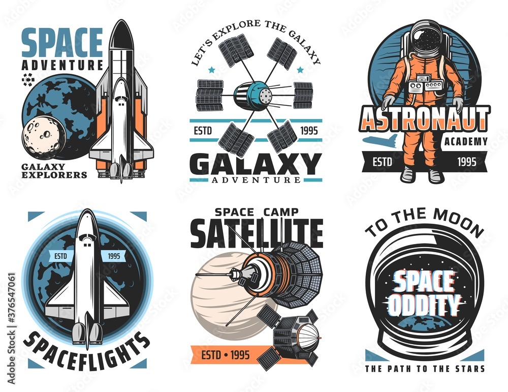 Aufkleber Space and planets exploration vector icons. Shuttle launch vehicle and orbiter with solar system platens, artificial satellites and orbital telescopes, astronaut in spacesuit retro illustrations