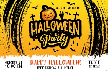 Halloween pumpkin vector poster of horror night party invitation. Scary bats, hand of zombie monster and spooky lantern with cemetery crosses on orange background with black brush strokes frame