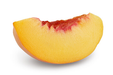 Ripe peach fruit slices isolated on white background with clipping path and full depth of field