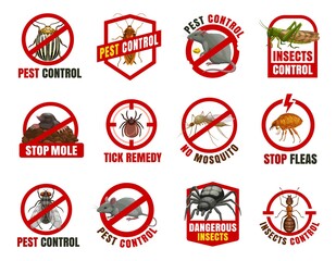 Pest control isolated vector icons. Colorado beetle, cockroach and rat with locust, mole, tick and mosquito with flea. Fly, mouse and spider with ant cartoon prohibition signs, dangerous insects warn