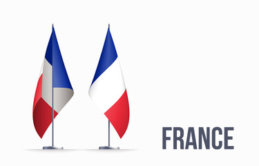 France flag state symbol isolated on background national banner. Greeting card National Independence Day of the French Republic. Illustration banner with realistic state flag of Fifth Republic France.