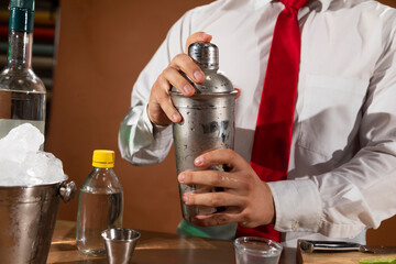 Barman preparing drink with shaker