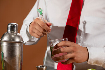 Barman preparing drink with shaker