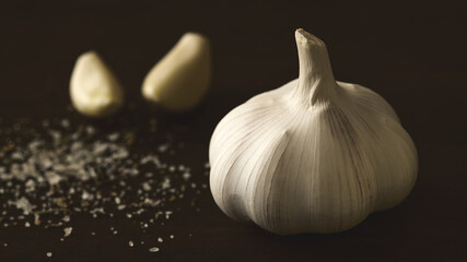 Close-up of garlic on a wooden table