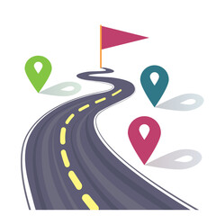 vector flat icon of smooth asphalt road extending into the distance and geolocation icons