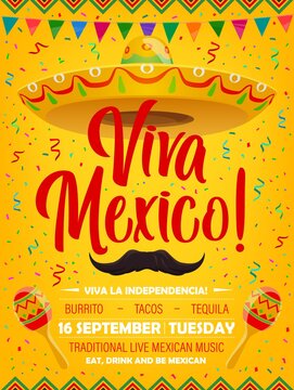 Viva Mexico vector poster with mexican symbols sombrero, mustaches and maracas. Cartoon flyer with flag garlands and confetti, invitation for festival of traditional live music party, Mexico holiday