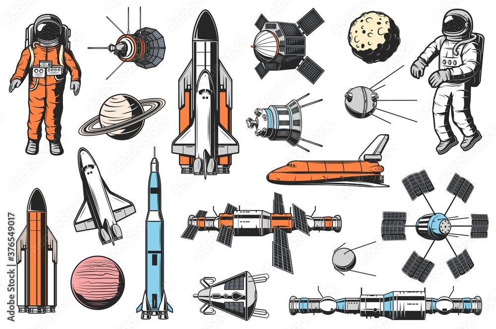 Aufkleber space and astronomy icons vector set. astronaut in spacesuit, space shuttle carrier and orbiter, art