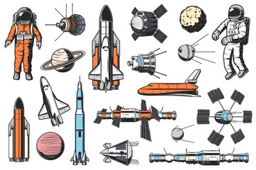 Space and astronomy icons vector set. Astronaut in spacesuit, space shuttle carrier and orbiter, artificial satellites and spaceships, orbital space station and solar system planet retro illustrations © Vector Tradition