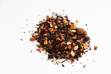 tea with dried fruits on white background