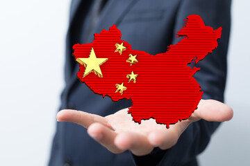 Outlined People's Republic of China map country silhouette in national flag