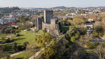 Aerial view of Guimarães castle, Portugal. Medieval stone castle in Guimarães