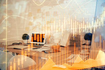 Multi exposure of stock market chart drawing and office interior background. Concept of financial analysis.