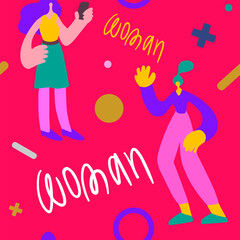 Seamless pattern doodle woman with phone woman greeting on red background