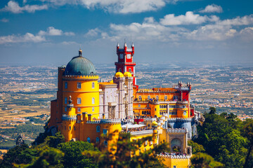 Palace of Pena in Sintra. Lisbon, Portugal. Travel Europe, holidays in Portugal. Panoramic View Of...